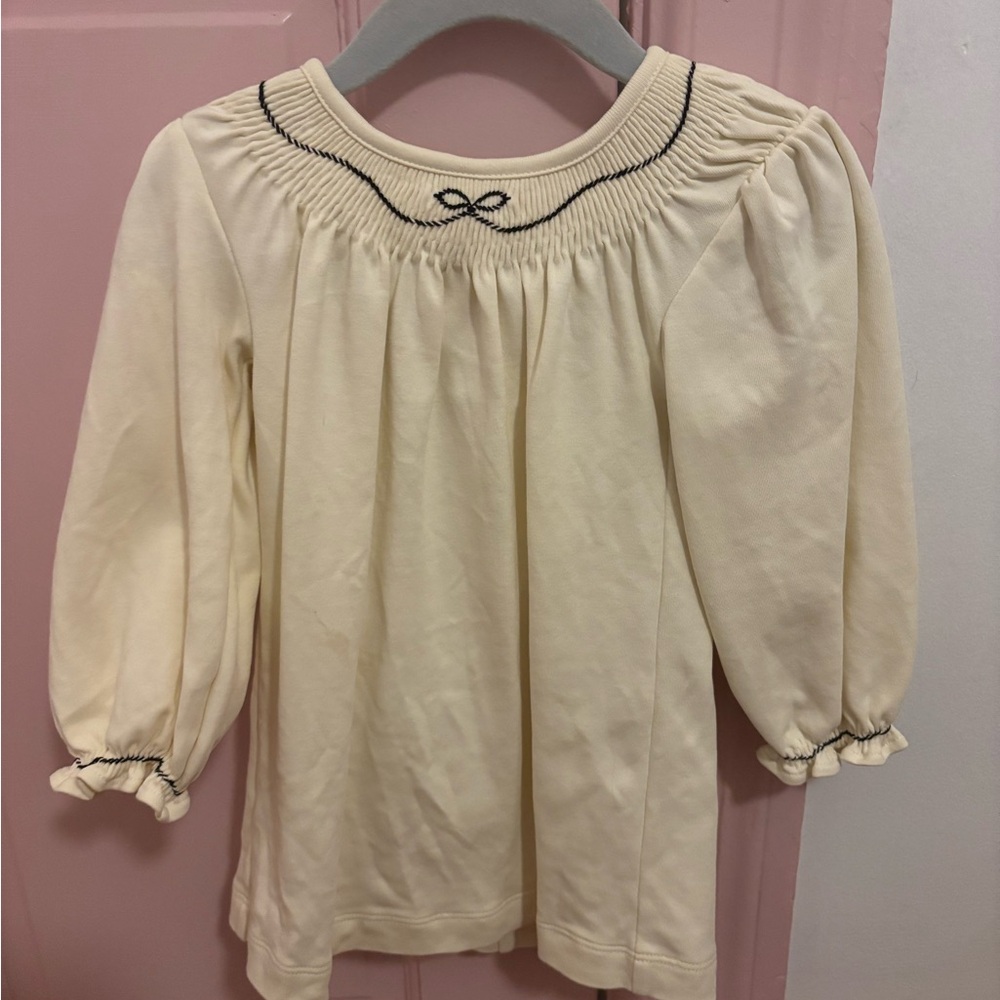 The Beaufort Bonnet Company Cream Smocked Long-Sleeve Dress with Navy Stitching